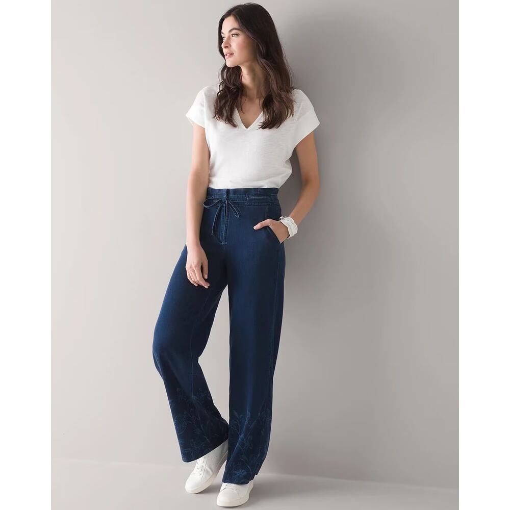 WHBM High-Rise Tassel-Belt Wide Leg Denim Blue Floral Pant Size 2